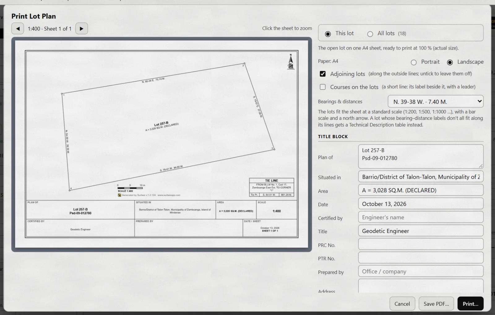 Surbee's Print Lot Plan window: an A4 landscape plan of Lot 257-B at 1:400 with its title block and tie line table, and the title block fields beside it.