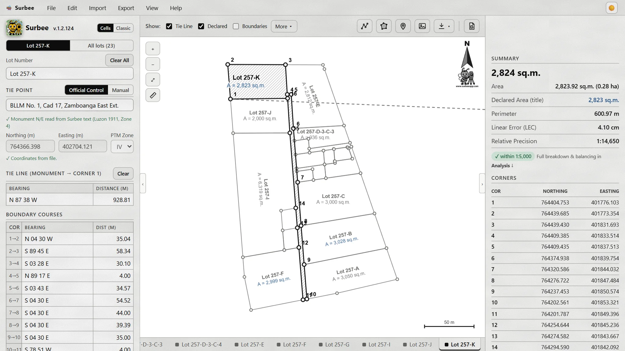A subdivision plotted on one map in Surbee, the open lot outlined, with its courses and corner coordinates.