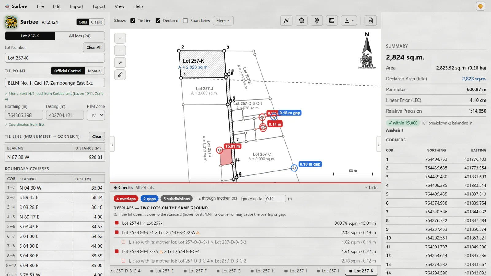 Surbee's Overlaps and Gaps check: an overlap between two lots shaded red with its size, gaps marked in blue, and a list of every overlap below the map.