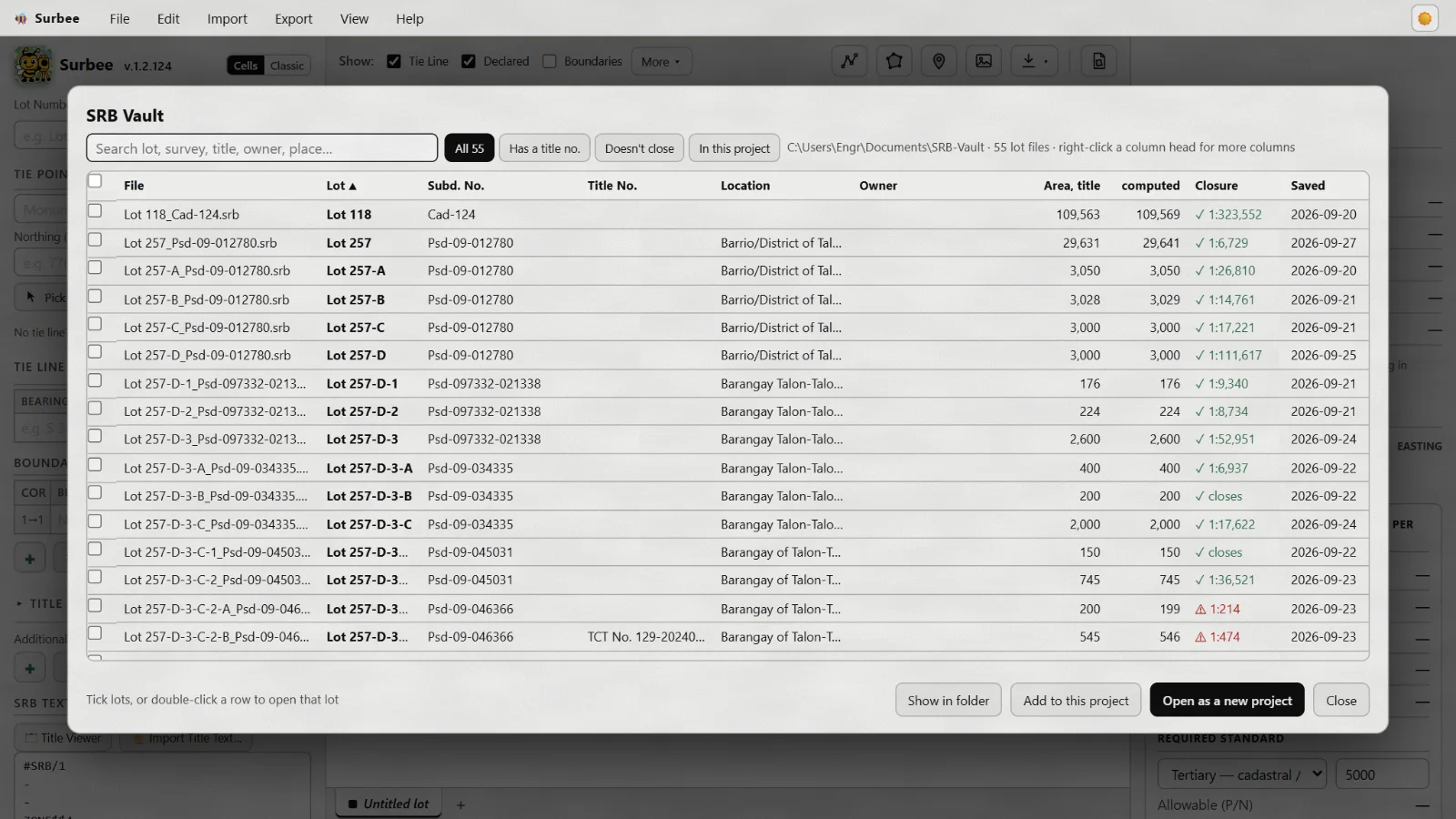 Surbee's SRB Vault window listing 55 lot files with their lot, survey number, location, areas, closure and date saved.